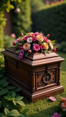 Photorealistic wooden casket surrounded by colorful flowers under peaceful soft lighting
