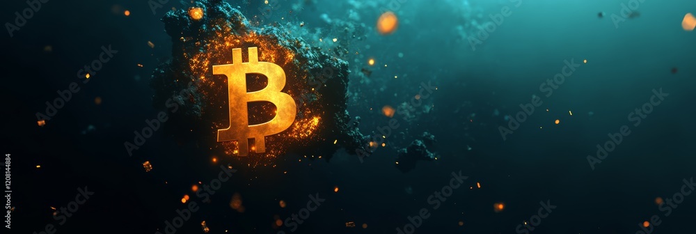Poster glowing bitcoin symbol exploding from digital rock with fire sparks, representing cryptocurrency mar
