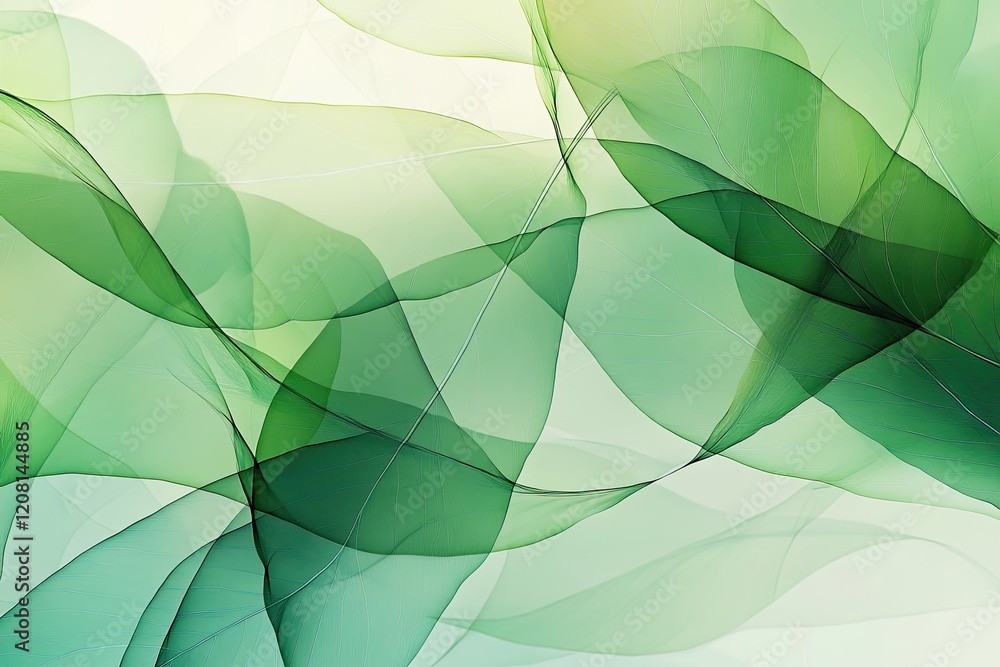 Poster abstract digital rendering of overlapping transparent leaves soft green hues blending harmoniously m