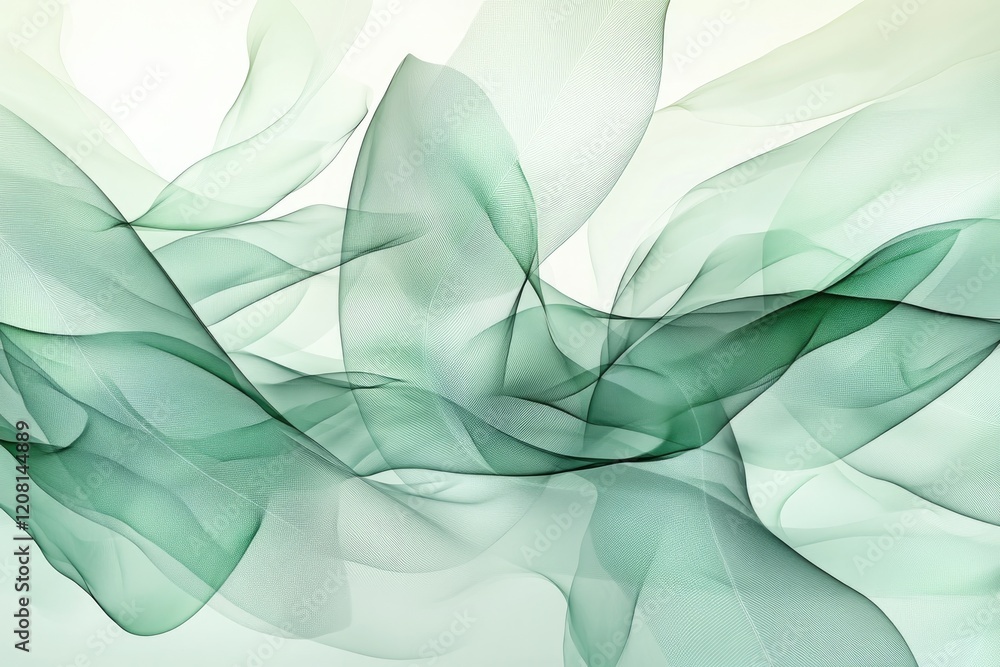 Poster abstract digital rendering of overlapping transparent leaves soft green hues blending harmoniously m