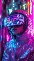 Naklejka premium Portrait of a gamer wearing VR goggles in a neon-lit room, intense concentration, glowing holographic visuals in the background, ultra-realistic style
