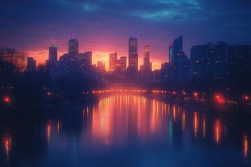 Obraz premium city skyline beautifully reflected in a still river at dusk where the warm glow of city lights meets the cool tones of twilight creating a magical urban atmosphere
