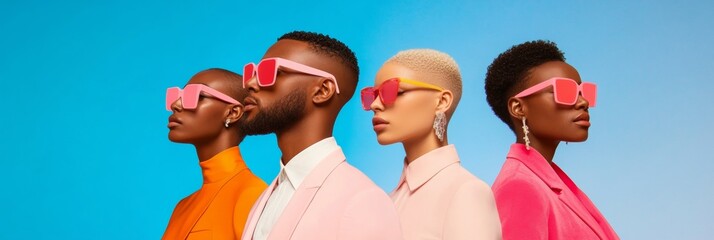 Vibrant Contemporary Fashion Portrait Diverse Young Professionals in Neon Sunglasses and Stylish Blazers - Dynamic Team Branding for Urban Lifestyle and Modern Workforce Imagery