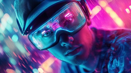 Portrait of a gamer wearing VR goggles in a neon-lit room, intense concentration, glowing holographic visuals in the background, ultra-realistic style