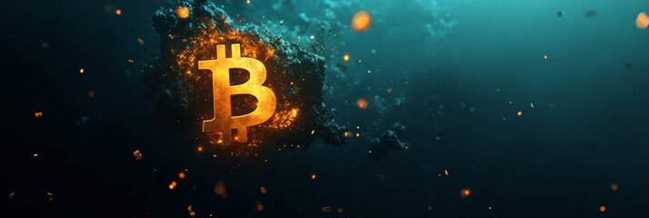 Glowing bitcoin symbol exploding from digital rock with fire sparks, representing cryptocurrency market volatility and investment risks in online finance