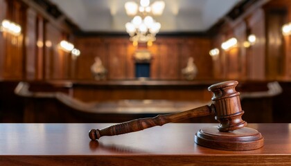 법정 안의 나무 법봉, 짙은 색 나무로 만들어진 법봉과 조각된 법정 심벌이 함께 놓인 테이블 위의 정경