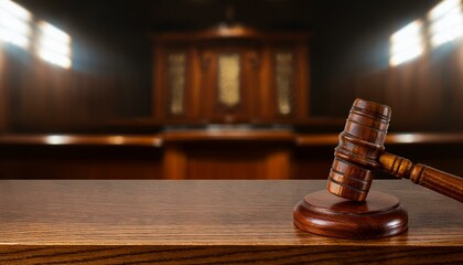 법정 안의 나무 법봉, 짙은 색 나무로 만들어진 법봉과 조각된 법정 심벌이 함께 놓인 테이블 위의 정경