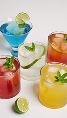Cocktail drinks featuring lime ice and mint displayed on table