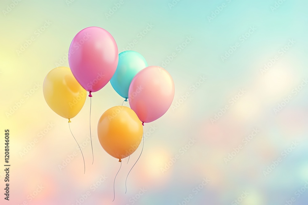 Poster colorful balloons floating gracefully against soft blurred background creating inviting atmosphere f