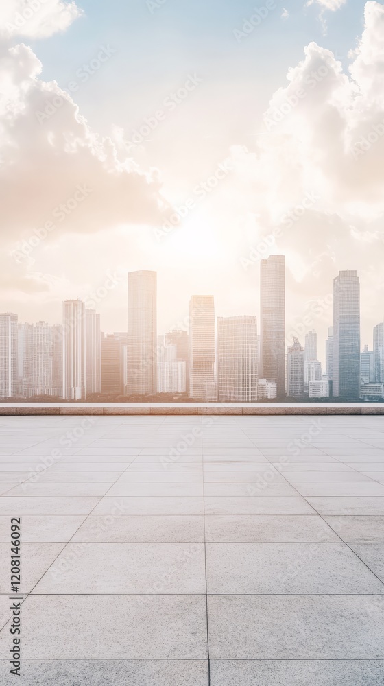 Poster featuring an empty marble floor with a stunning view of a modern city skyline under a cloudy sky at 