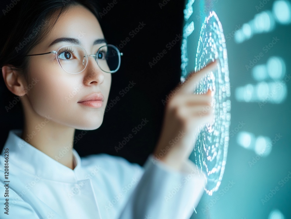 Aufkleber Futuristic Data Visualization Woman in Tech with Interactive Digital Display - Empowering Business Intelligence and Analytics for Corporate Success