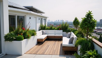 Fototapeta premium Rooftop garden featuring eco-friendly urban living on a white building with solar panels