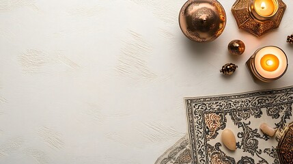 Golden Decor and Candles on White Textured Background