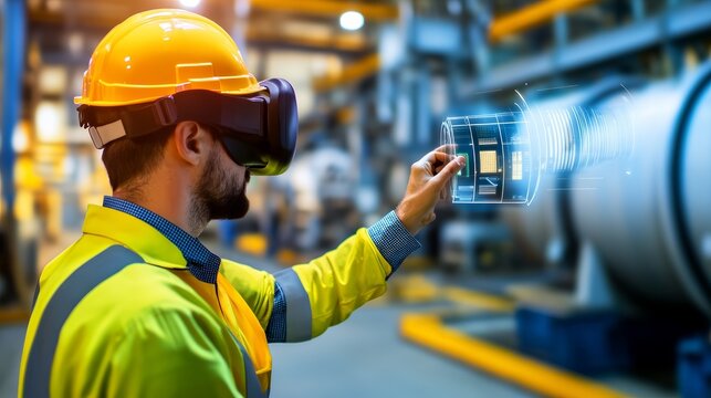 A worker in a helmet uses virtual reality technology in an industrial setting. - Powered by Adobe