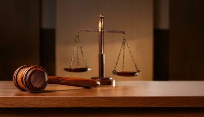 법정 안의 나무 법봉, 짙은 색 나무로 만들어진 법봉과 조각된 법정 심벌이 함께 놓인 테이블 위의 정경