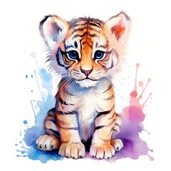 Cute Tiger clipart. Digital watercolor clipart. Detailed illustration