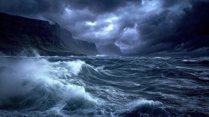 Fototapeta premium Dramatic ocean waves crashing against cliffs under stormy skies; nature backdrop