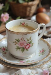 Fototapeta premium Cup of creamy drink on floral porcelain saucer
