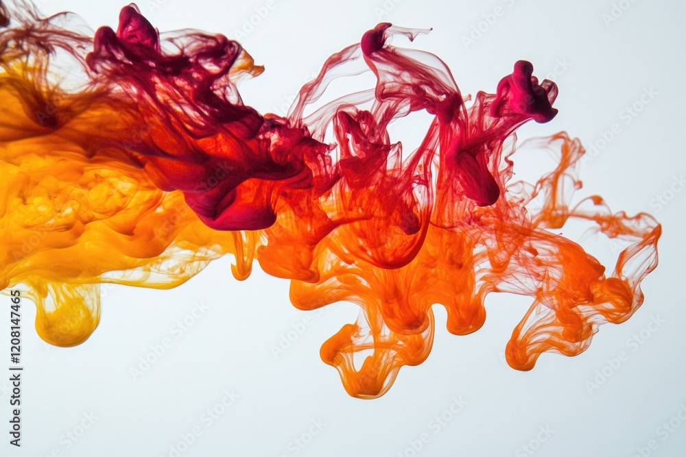 Poster burst of vibrant red and orange ink interacting in clear water with dynamic shapes forming in flow