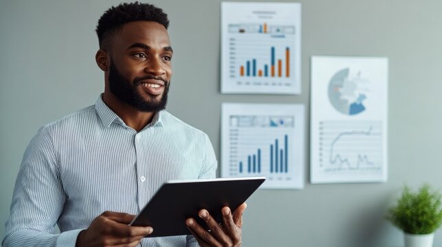 bright portrait of man holding tablet reviewing social media metrics with enthusiasm minimalistic background copy space