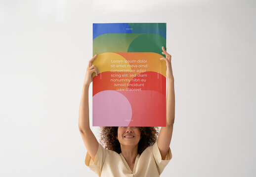Mockup Of Woman Holding Customizable A2 Poster Above Head