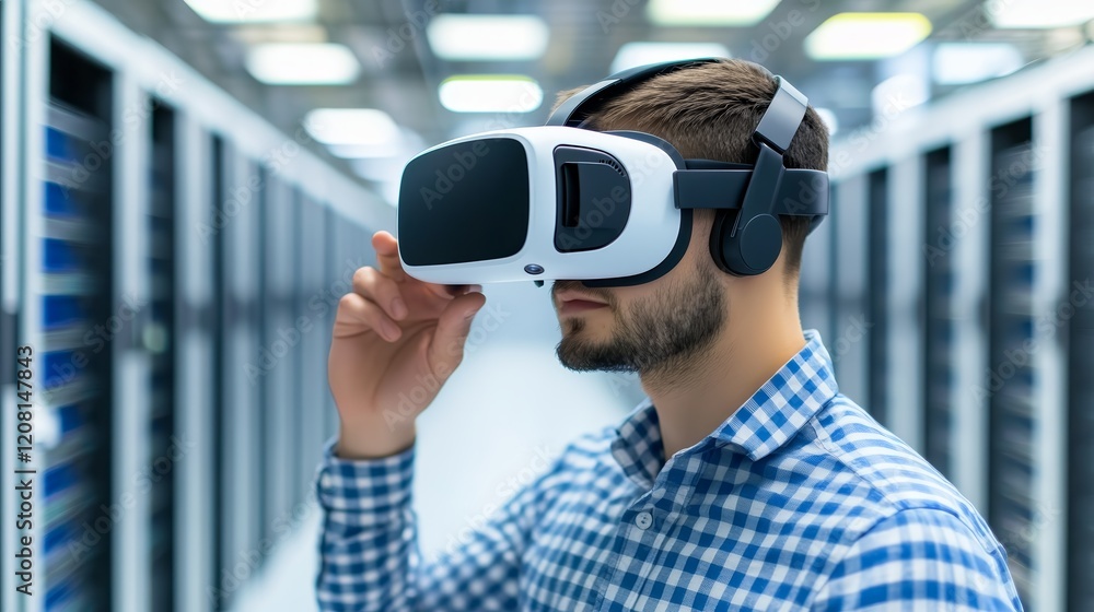 Poster a man wearing a vr headset in a server room, exploring virtual environments.