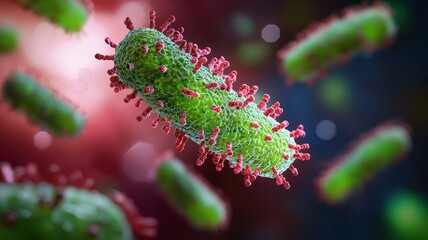 Fototapeta premium Bacteria Colony concept. Microscopic view of vibrant green bacteria with red structures, showcasing microbial life in detail.