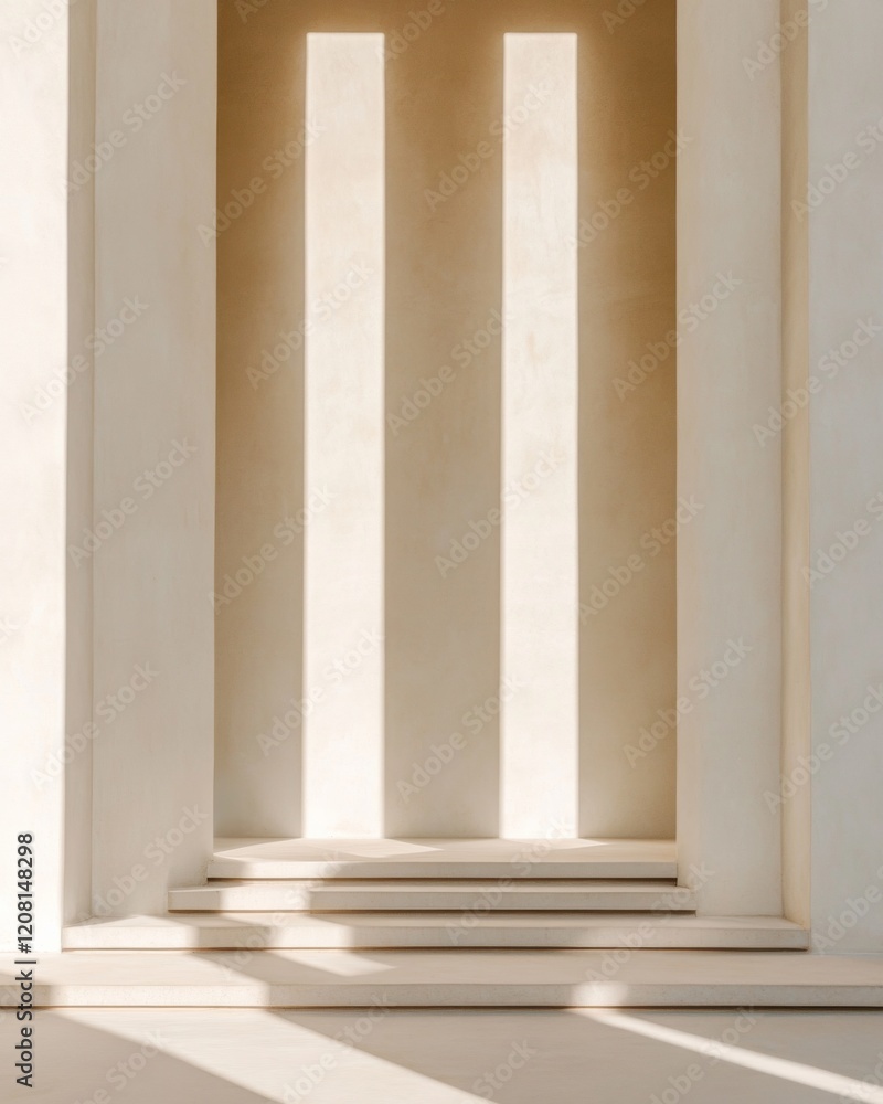 Poster Minimalist Architectural Sunlit Columns and Shadows on Soft Textured Walls - Ideal for Modern Interior Design Showcases and Contemporary Space Branding