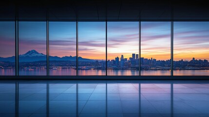window with a view of a beautiful city on a sunset