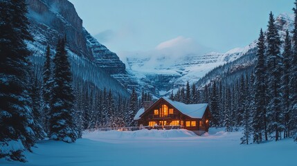 Fototapeta premium A snowy mountain landscape with a cozy cabin emitting warm light through its windows