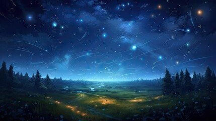 Nighttime Magic: A Landscape Illustration of a Field of Fireflies under the Moon and Starry Sky