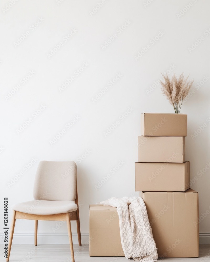 Poster minimalist moving solutions systematic cardboard box arrangement with linen texture for real estate 
