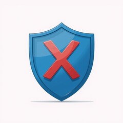 Obraz premium Minimalist Vector Design White Background with Cartoon-Style Blue Safety Shield and Red X Mark for Security Alert