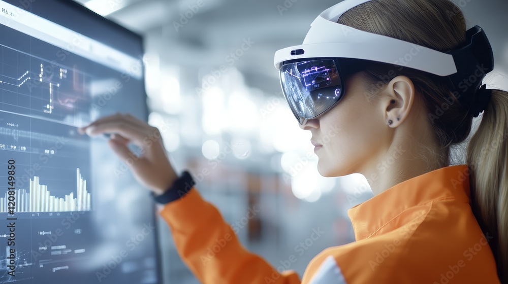 Poster a woman using augmented reality glasses to interact with data on a touchscreen display.