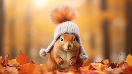 Squirrel in Cozy Winter Hat with Acorns on the Ground