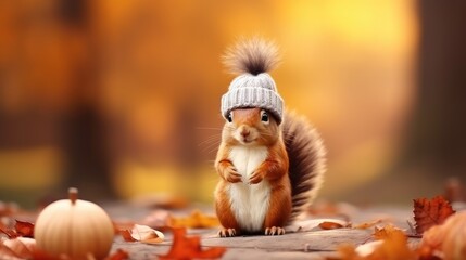 Squirrel with Acorns in Autumn Forest Wearing Winter Hat