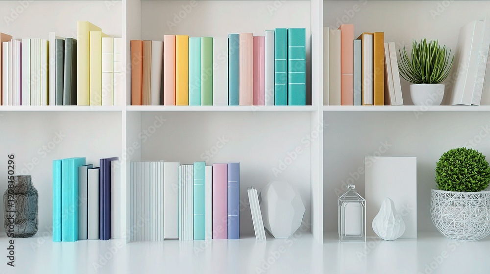 Poster Modern White Bookshelf Displaying Assorted Colorful Books and Decor