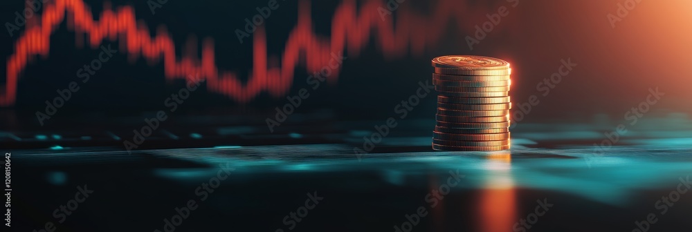 Poster Cryptocurrency coins stacked on reflective surface with red graph in background, showing investment risk and volatility