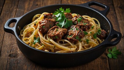 Freshly Prepared Linguine with Braised Beef And  fried chicken, Top View