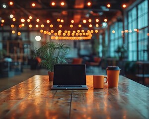 Industrial Chic Coworking Hub Rustic Wooden Desk with Laptops and Coffee Mugs in Tech-Savvy Workspace - Enhancing Team Synergy for Innovative Business Solutions