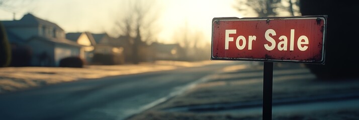 Red for sale sign stands in front of blurred houses at sunset, suggesting a booming housing market and investment opportunities