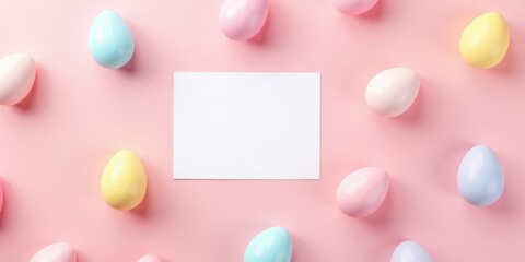 Celebrate Easter with this vibrant flat lay featuring pastel eggs surrounding a blank card, perfect for festive greetings, invitations, or promotional materials.