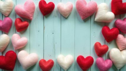 Fototapeta premium Colorful felt hearts create a delightful display of love and emotion around a serene blue wooden background