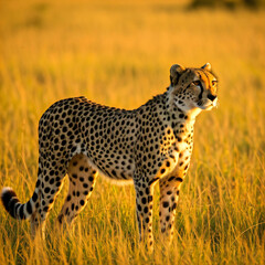 Naklejka premium Wildlife action shot of a cheetah running and walking across the African savanna jungle at high speed