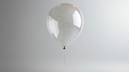 A clear helium balloon with sparkling glitter inside floating gently on a white backdrop