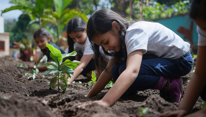 A diverse group of children planting in a garden or natural setting. Earth Day concept, ecology and sustainability, environmental education, and agriculture.
