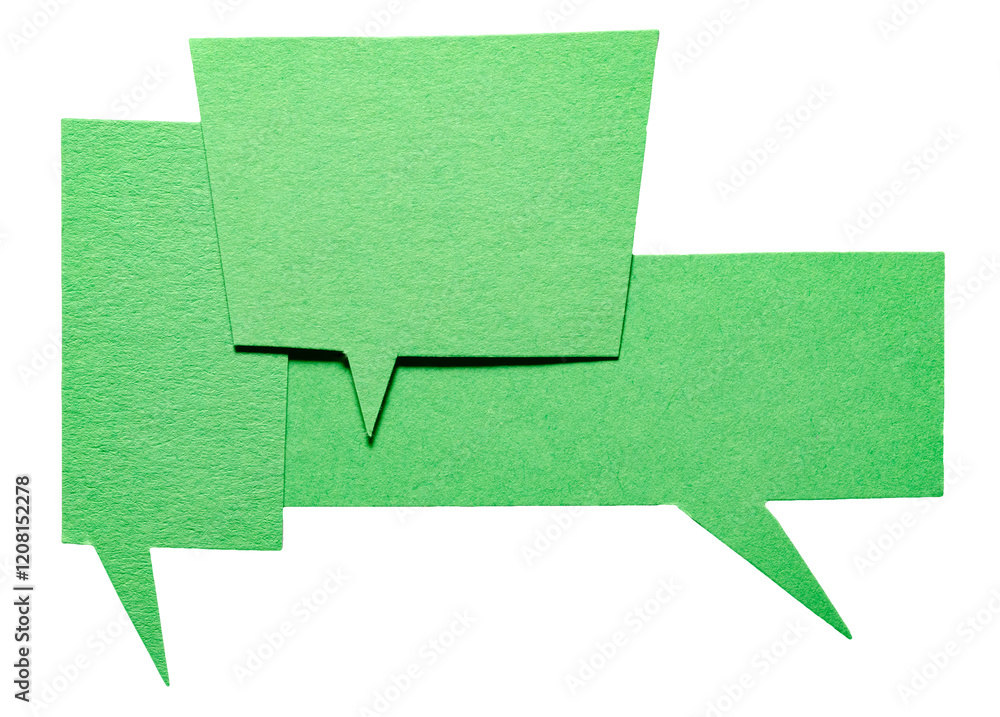 Poster green blank cut out cardboard paper speech bubbles with rough edges and copy space for text on trans