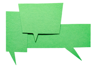Green blank cut out cardboard paper speech bubbles with rough edges and copy space for text on transparent png background design element