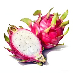 Dragon Fruit Whole And Half clipart. Isolated watercolor element illustration. Detailed illustration