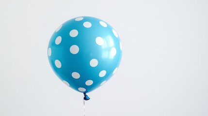 A helium-filled blue balloon with white polka dots floating on a clean white background cheerful vibe